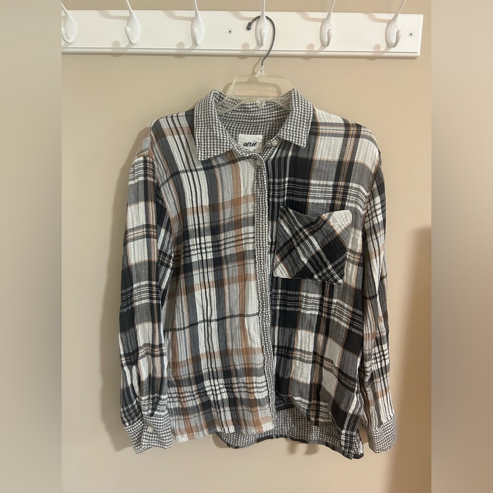 Aerie Grey and Tan Gauze Flannel Button Up